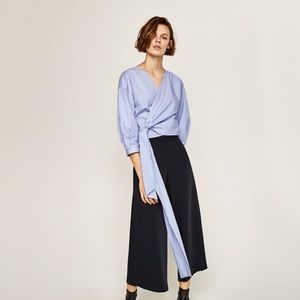 Zara Blue And White Striped Airy Wrap Top